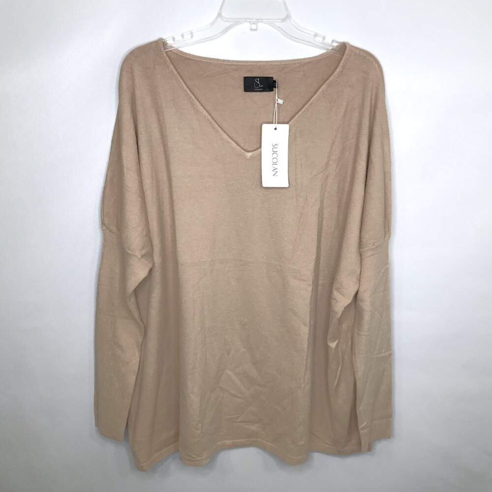 Oversize V Neck Sweater Bishop Sleeve Khaki Tan Women Sz M - Picture 6 of 10